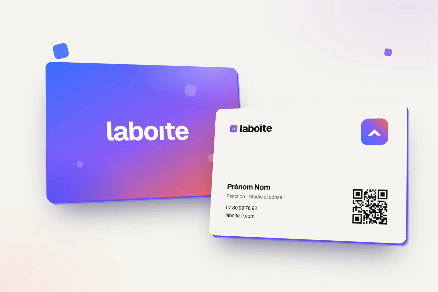 Cartes de visite LaBoîte, recto en dégradé et verso crème
