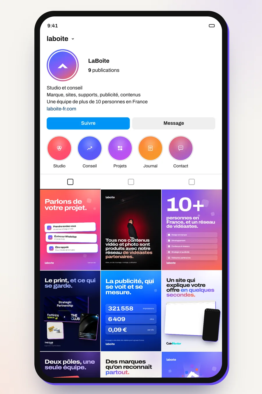 Aperçu du profil Instagram LaBoîte avec ses neuf premiers posts